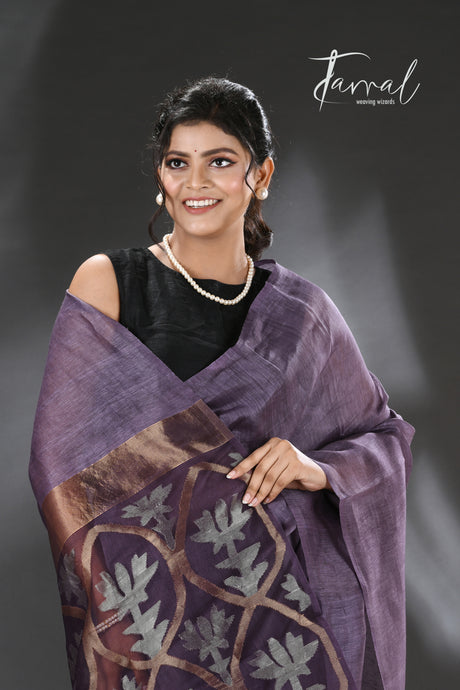 Dark Lavender zari lotus silk linen handwoven jamdani saree - Tamal Boutique