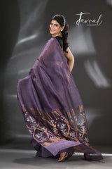 Dark Lavender zari lotus silk linen handwoven jamdani saree