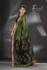 Moss green with gold zari pallu silk linen handwoven jamdani saree - Tamal Boutique