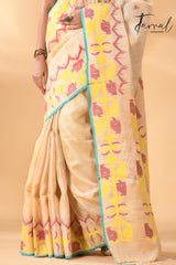 Light beige with sea green border pure Tussar silk handwoven needle work traditional jamdani saree