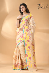 Light beige with sea green border pure Tussar silk handwoven needle work traditional jamdani saree