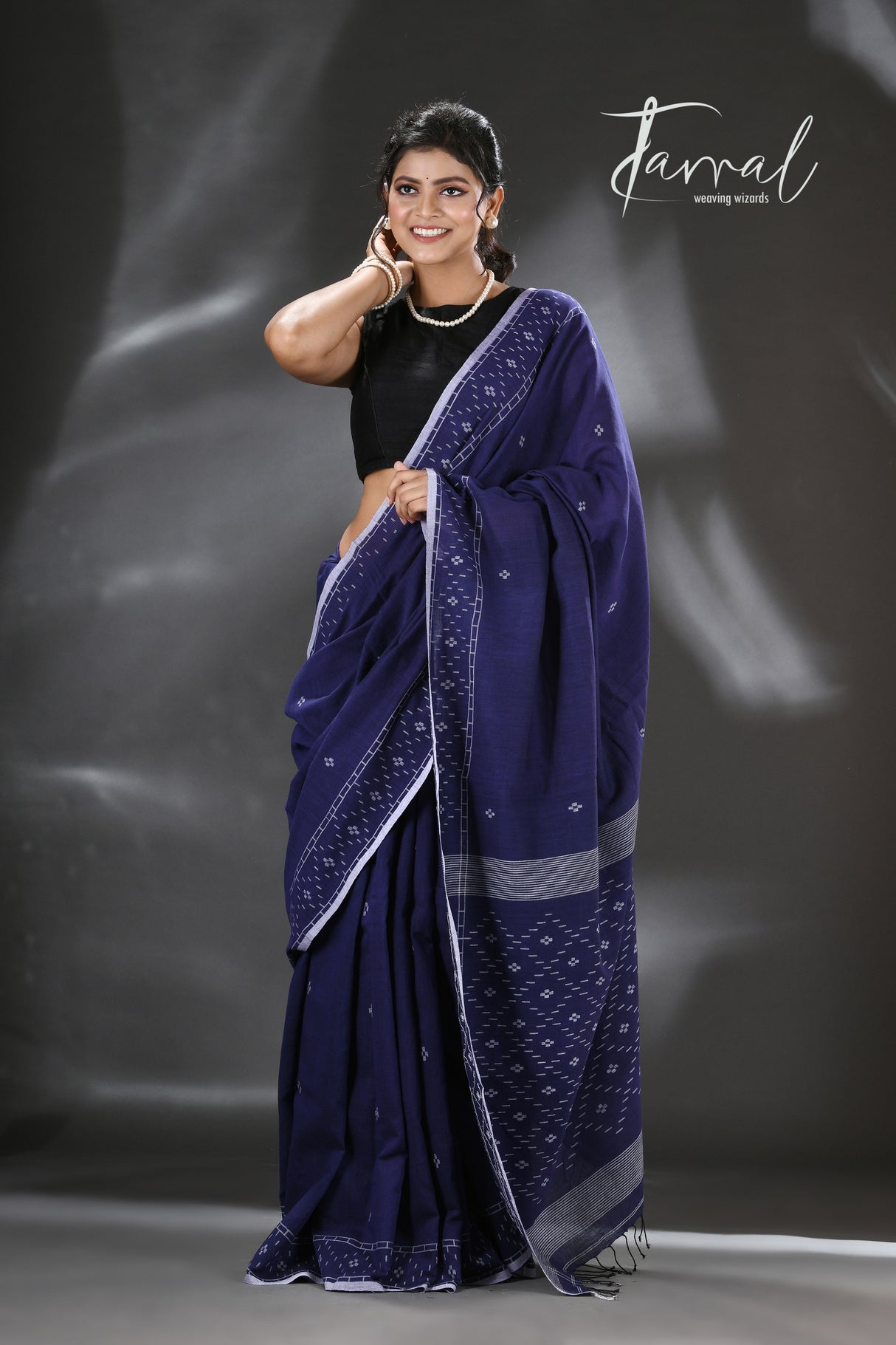 Indigo with white border net design cotton handwoven jamdani saree