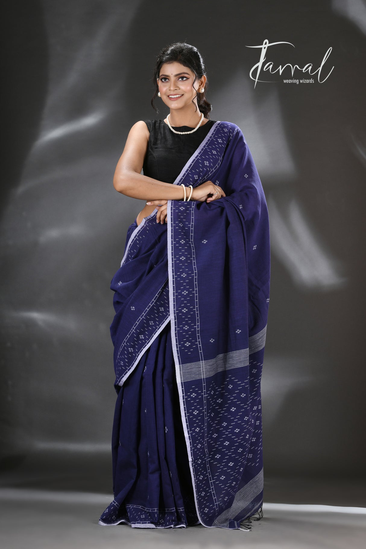 Indigo with white border net design cotton handwoven jamdani saree