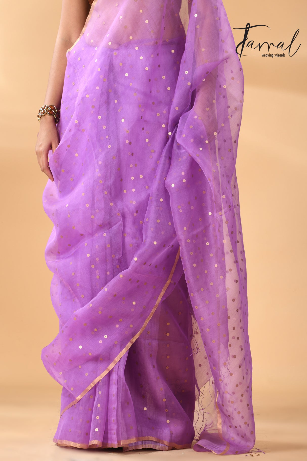 Light Purple with zari border sequins muslin silk handwoven jamdani saree