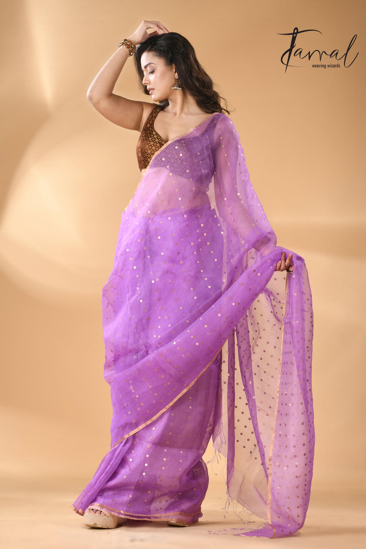 Light Purple with zari border sequins muslin silk handwoven jamdani saree