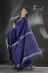 Indigo with white border net design cotton handwoven jamdani saree