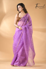 Light Purple with zari border sequins muslin silk handwoven jamdani saree