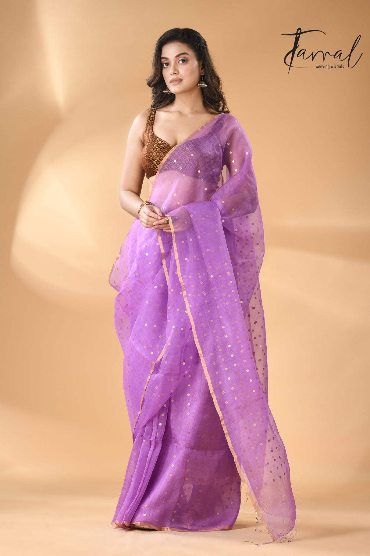 Light Purple with zari border sequins muslin silk handwoven jamdani saree