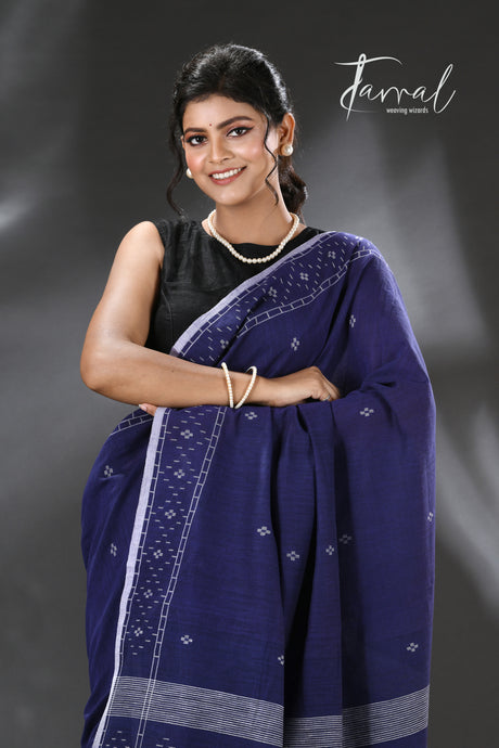 Indigo with white border net design cotton handwoven jamdani saree