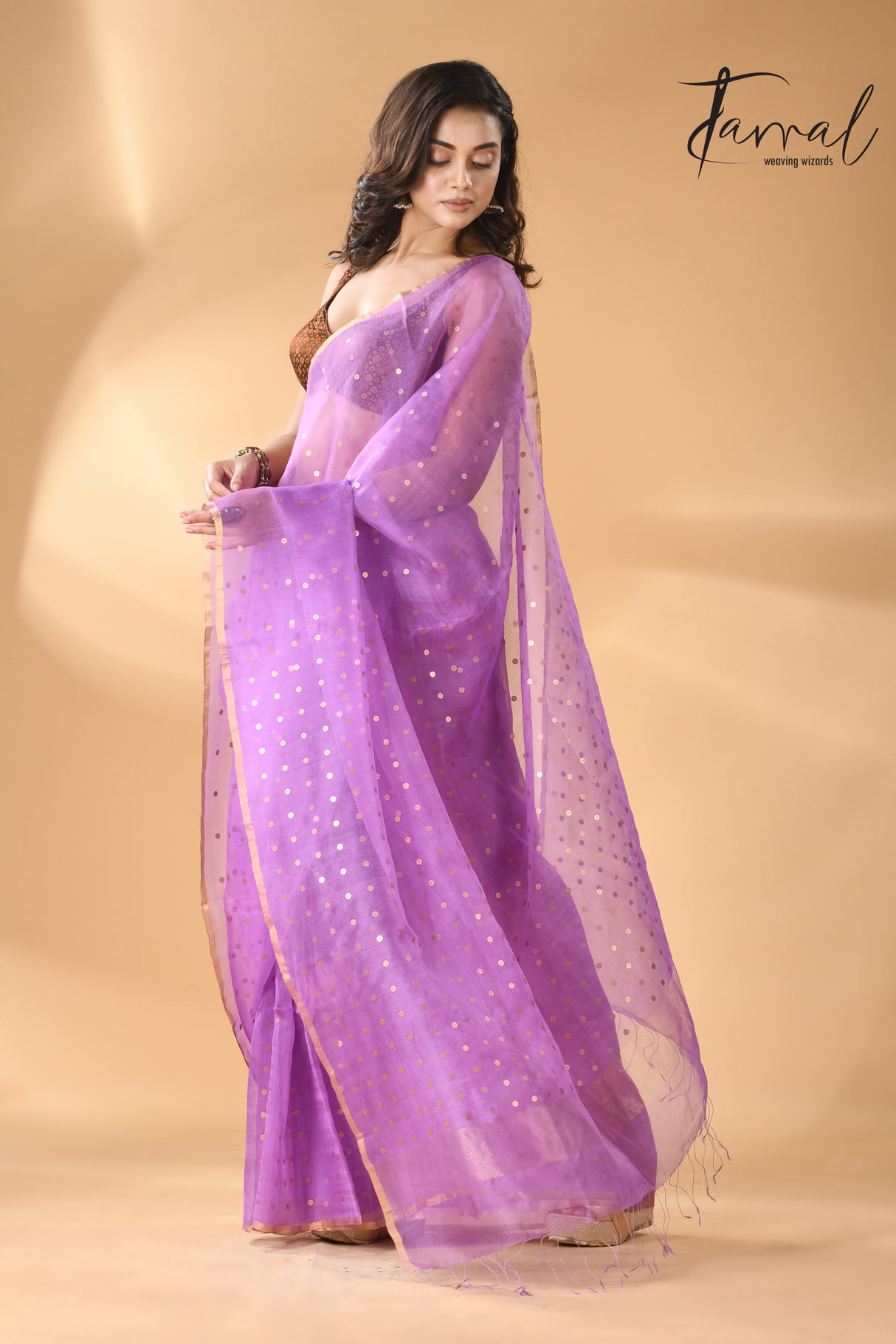 Light Purple with zari border sequins muslin silk handwoven jamdani saree