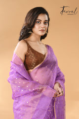 Light Purple with zari border sequins muslin silk handwoven jamdani saree