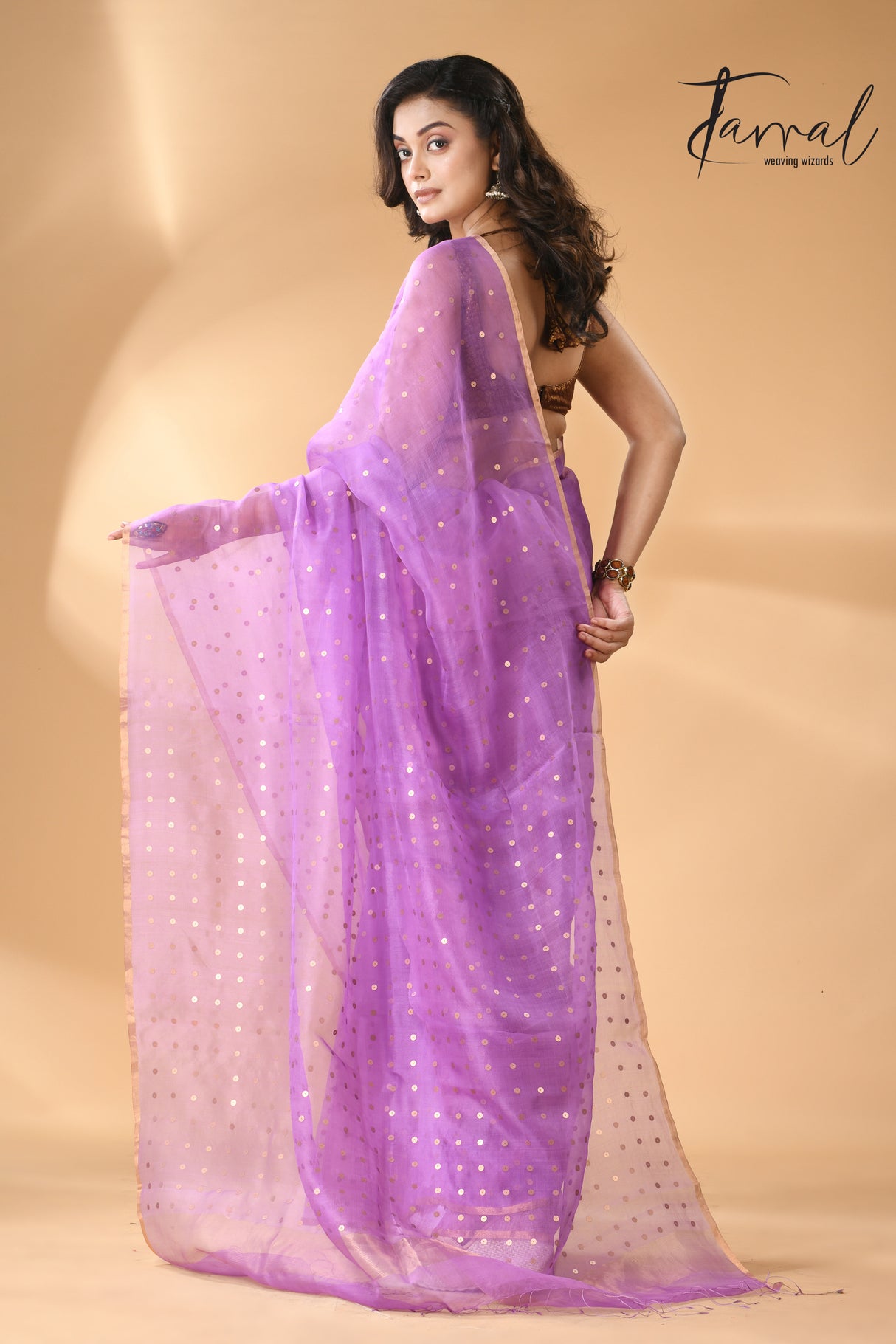 Light Purple with zari border sequins muslin silk handwoven jamdani saree