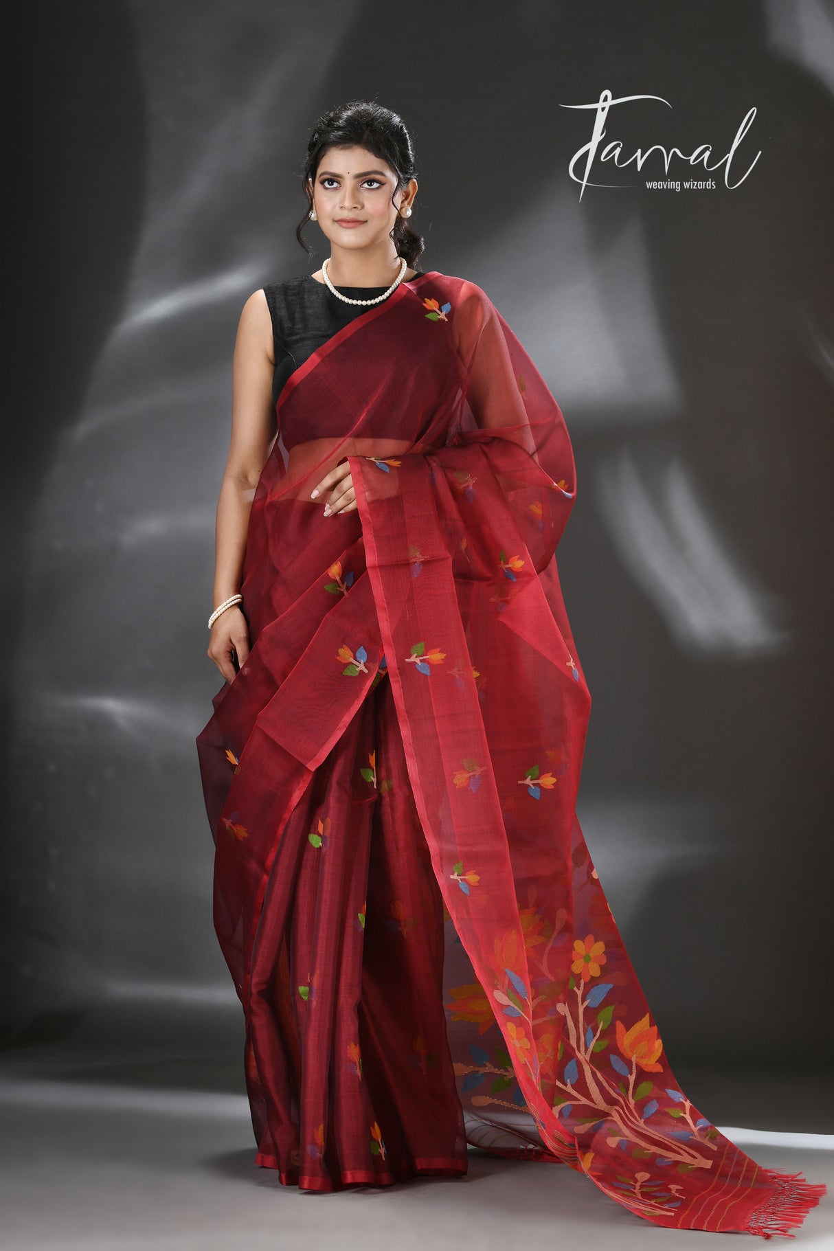 Maroon floral handwoven muslin silk jamdani saree