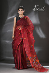 Maroon floral handwoven muslin silk jamdani saree