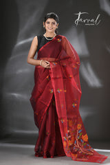 Maroon floral handwoven muslin silk jamdani saree