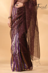 Brown muslin sequins with striped noil silk handloom saree