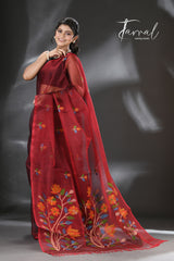 Maroon floral handwoven muslin silk jamdani saree