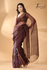 Brown muslin sequins with striped noil silk handloom saree