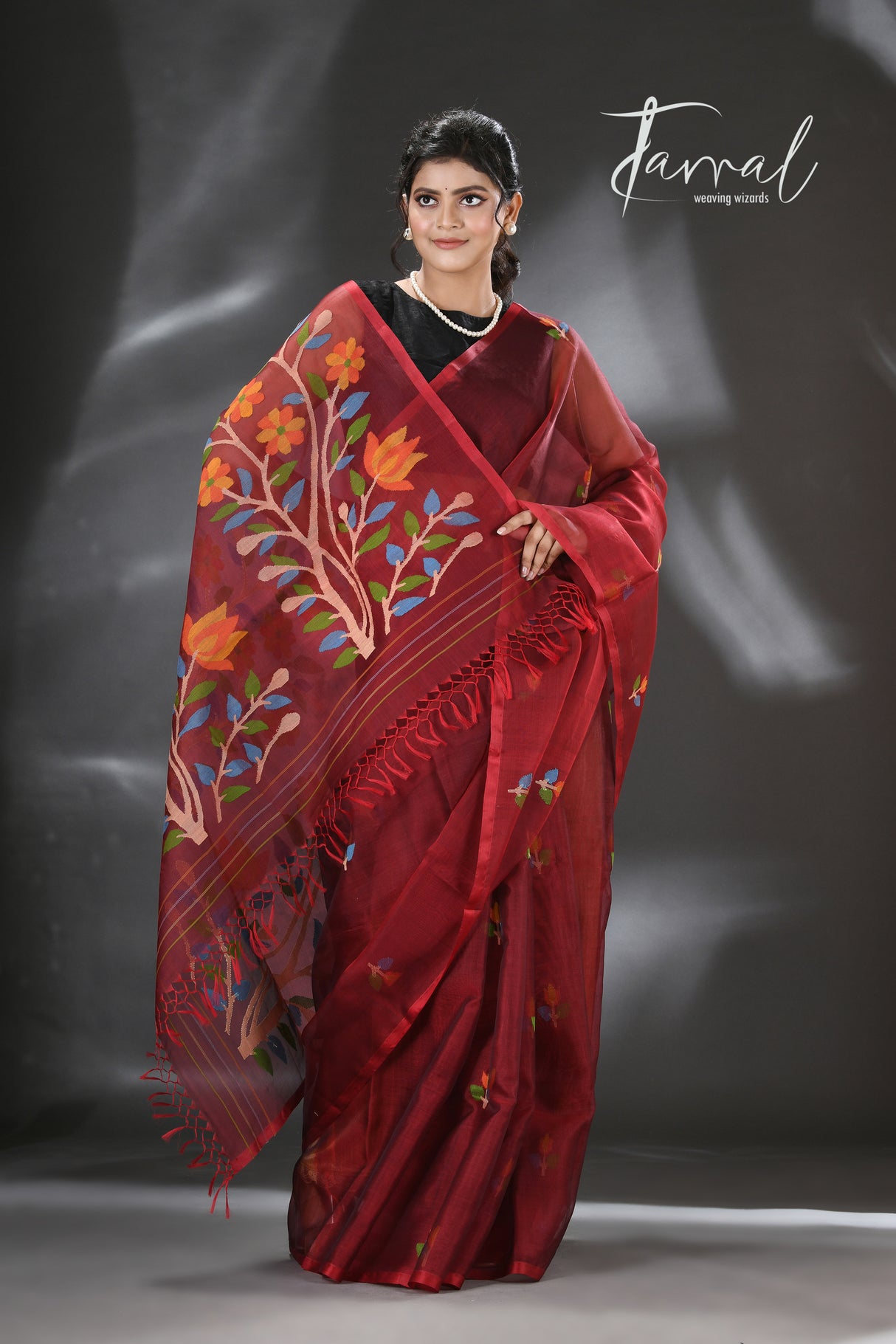 Maroon floral handwoven muslin silk jamdani saree