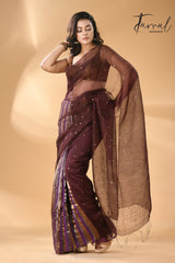 Brown muslin sequins with striped noil silk handloom saree