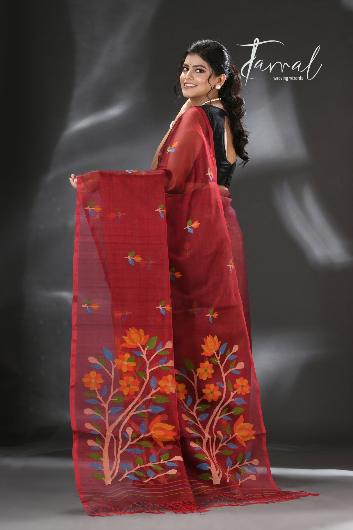 Maroon floral handwoven muslin silk jamdani saree