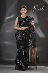 Black with white allover floral handwoven jamdani in muslin silk saree