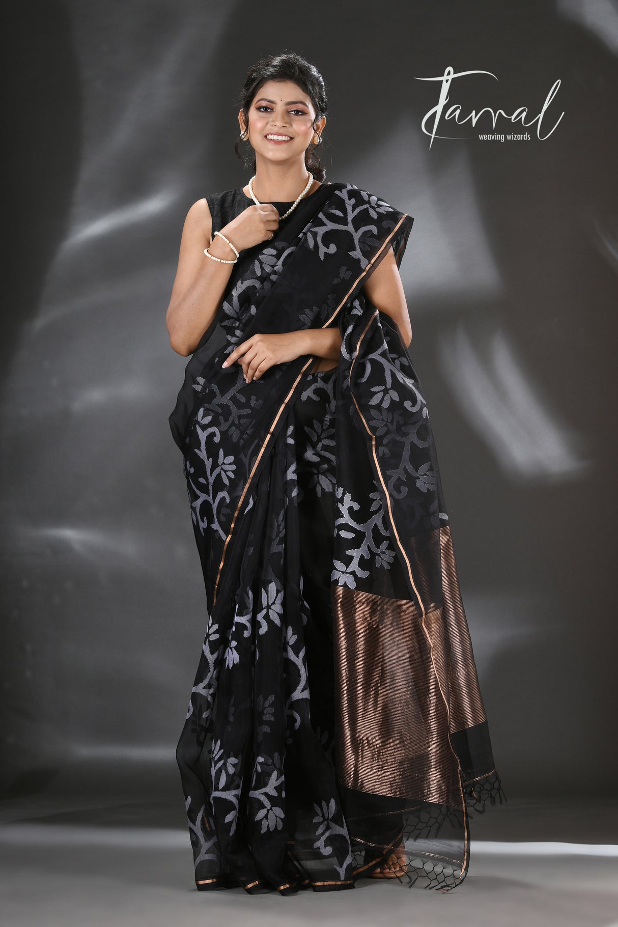 Black with white allover floral handwoven jamdani in muslin silk saree