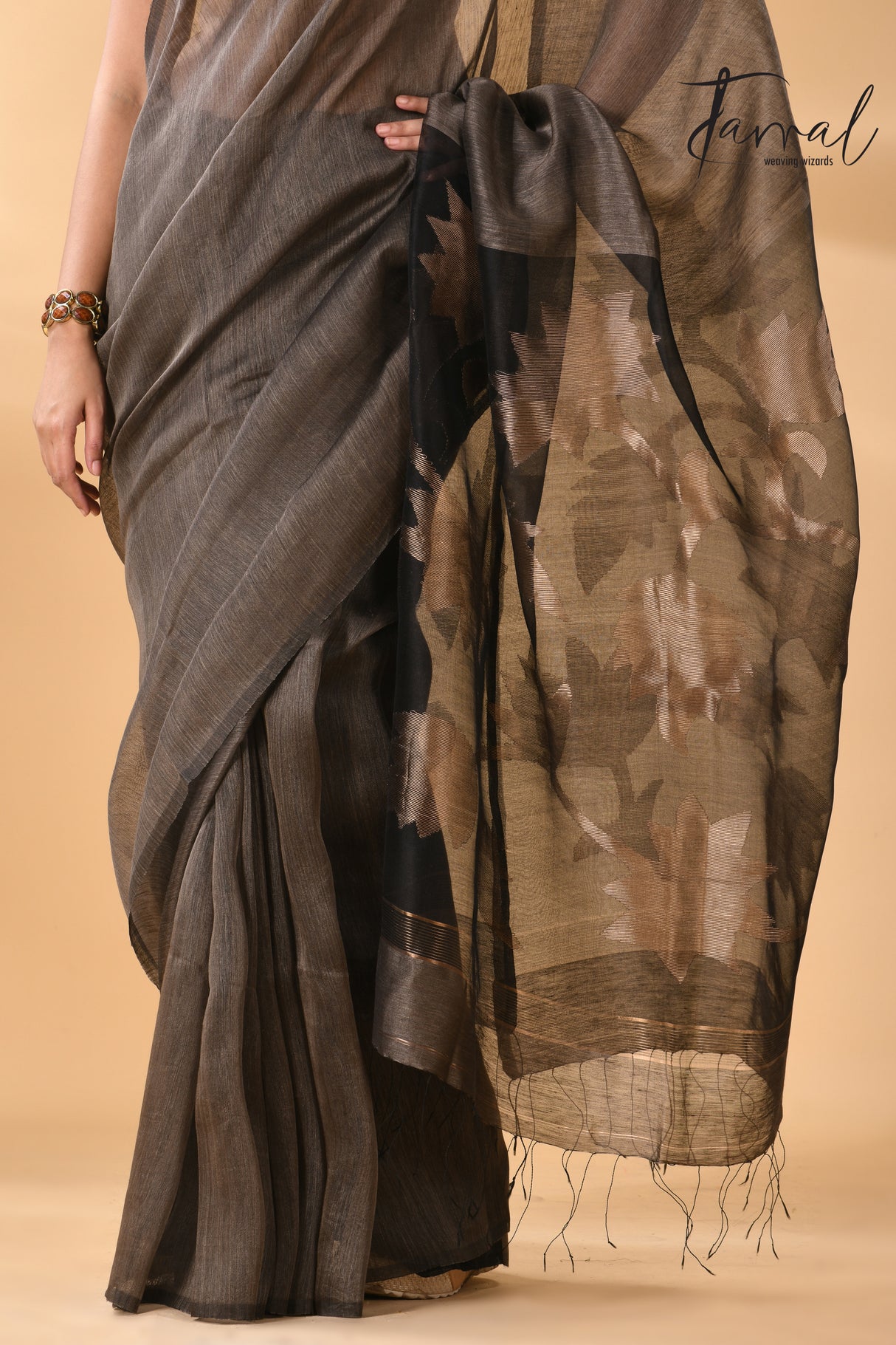 Charcoal Black silk linen handwoven jamdani saree