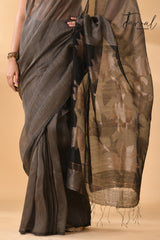 Charcoal Black silk linen handwoven jamdani saree