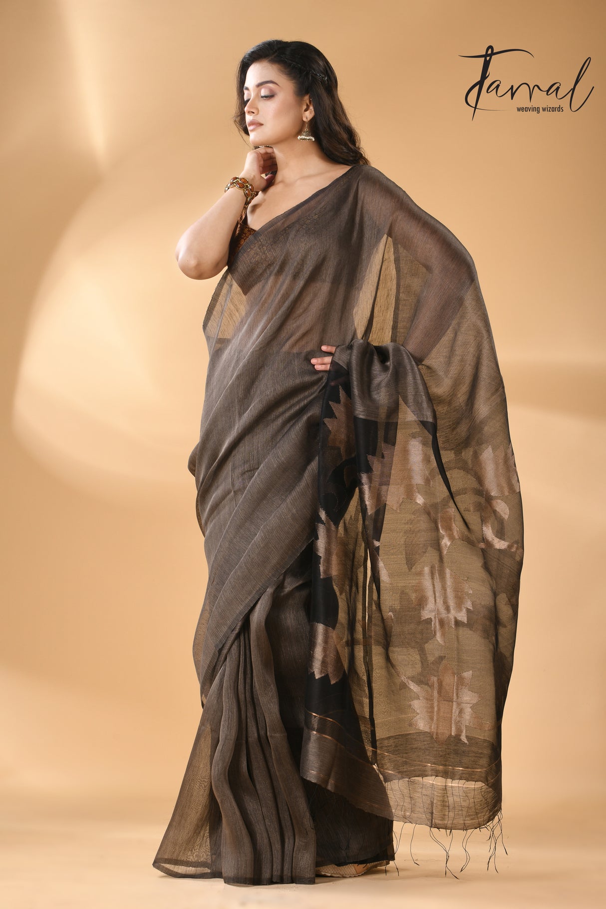 Charcoal Black silk linen handwoven jamdani saree