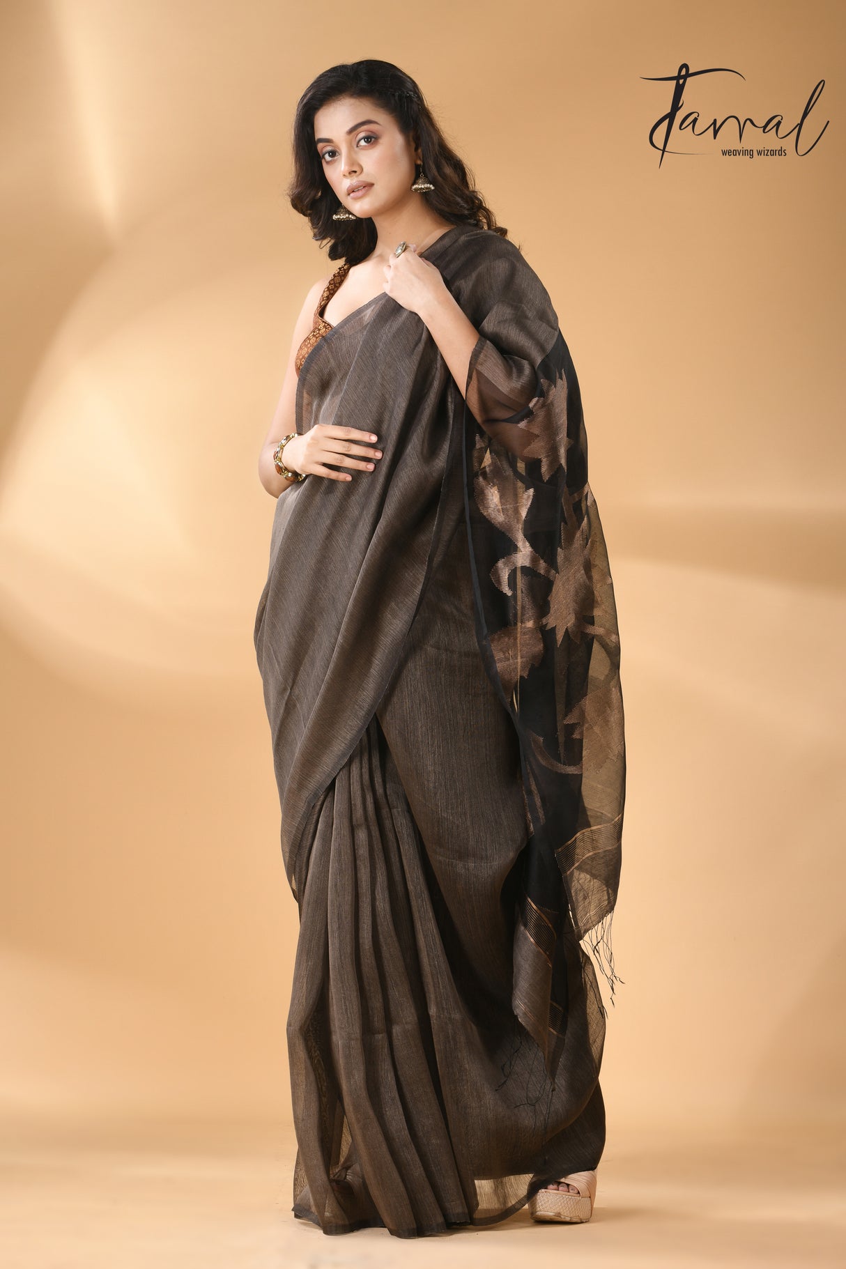 Charcoal Black silk linen handwoven jamdani saree