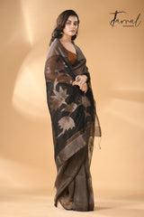 Charcoal Black silk linen handwoven jamdani saree