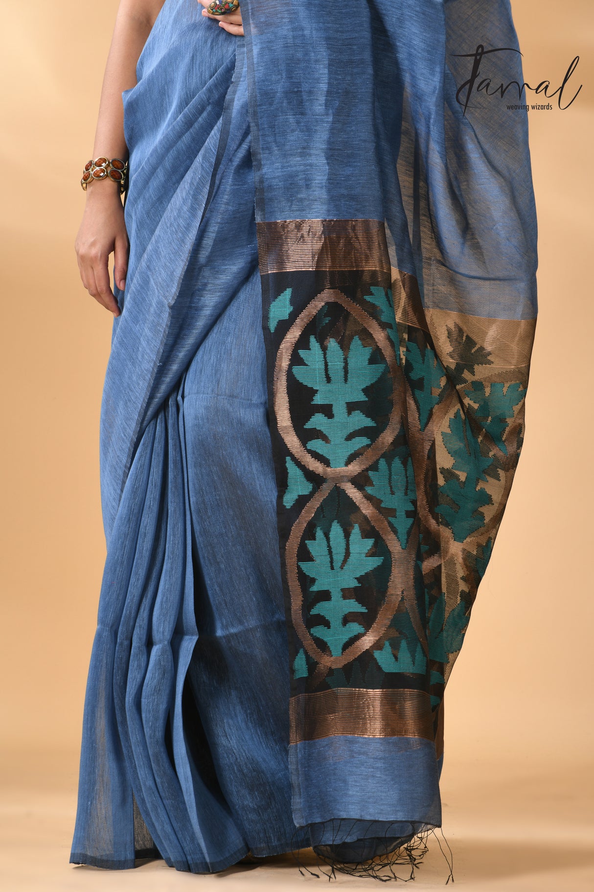 Blue with multicolour lotus pallu silk linen handwoven jamdani saree