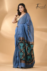 Blue with multicolour lotus pallu silk linen handwoven jamdani saree