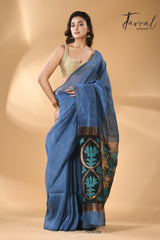 Blue with multicolour lotus pallu silk linen handwoven jamdani saree