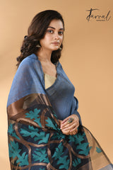 Blue with multicolour lotus pallu silk linen handwoven jamdani saree