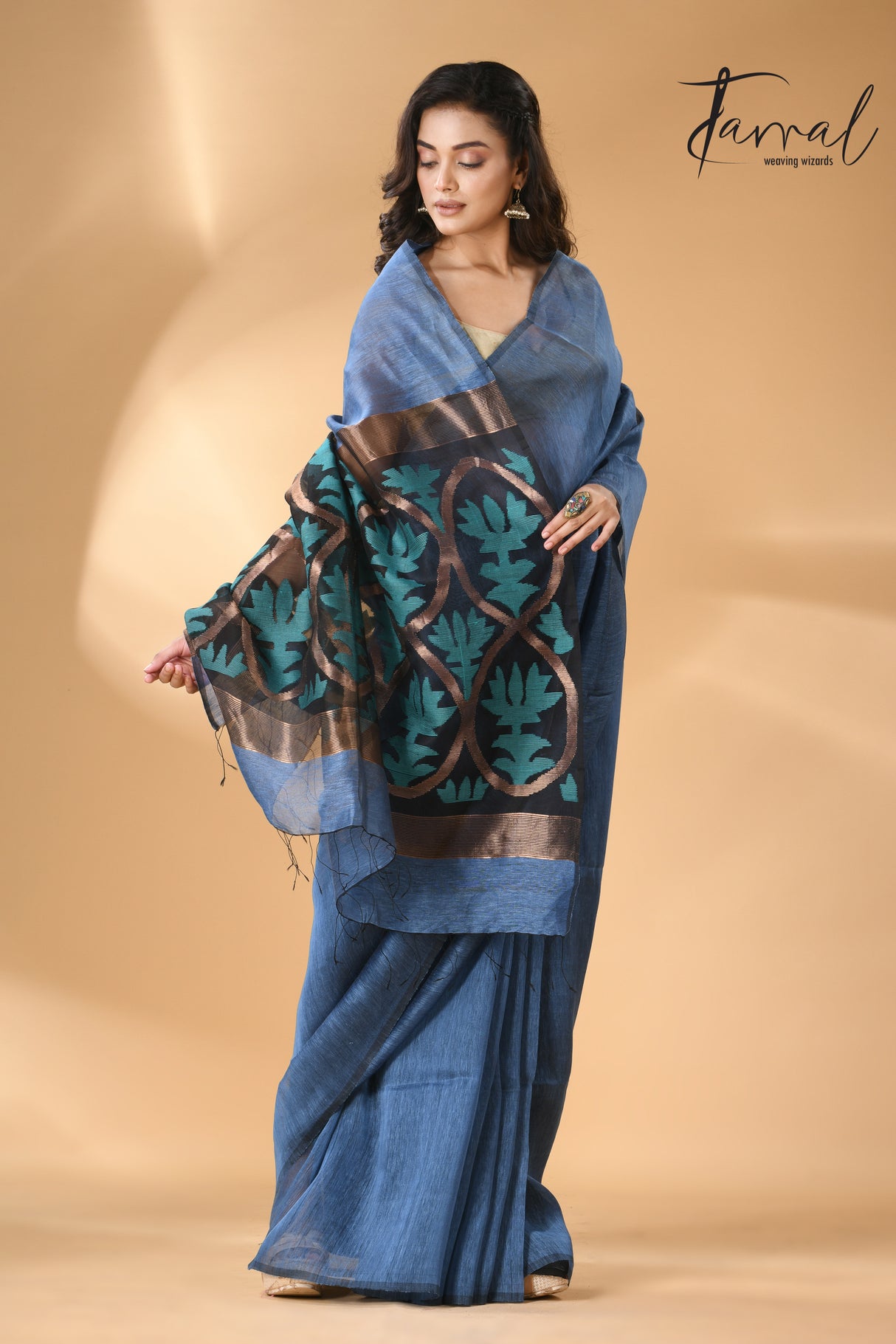 Blue with multicolour lotus pallu silk linen handwoven jamdani saree