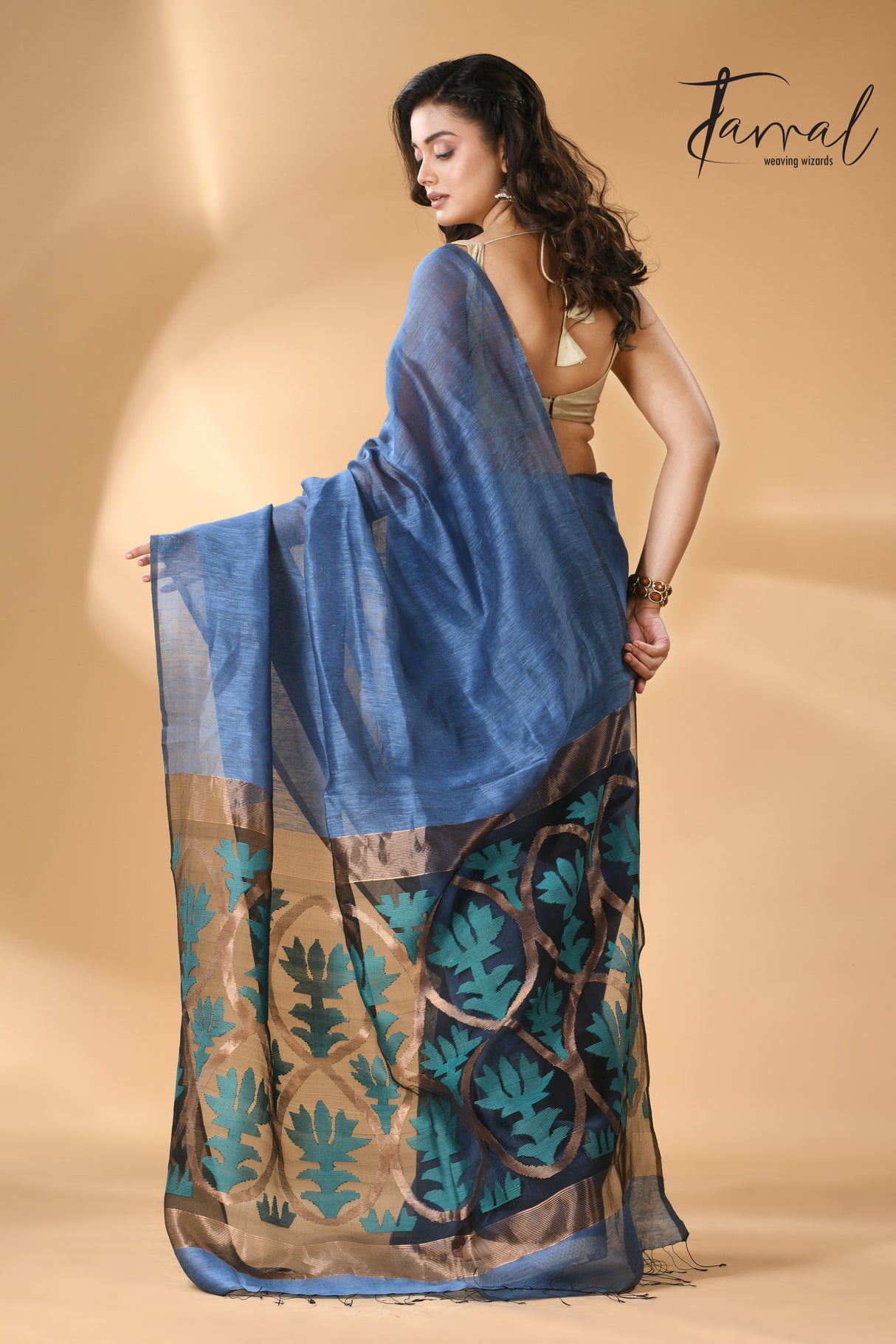 Blue with multicolour lotus pallu silk linen handwoven jamdani saree