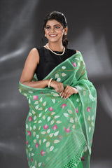 Seafoam green with other colour floral lata border muslin silk handwoven jamdani saree