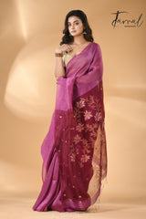 Magenta thoka silk linen handwoven jamdani saree