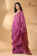 Magenta thoka silk linen handwoven jamdani saree