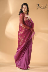 Magenta thoka silk linen handwoven jamdani saree