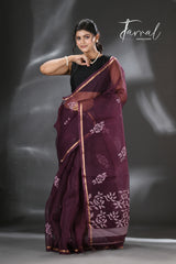 Chocolate brown rose motifs muslin silk handwoven jamdani saree