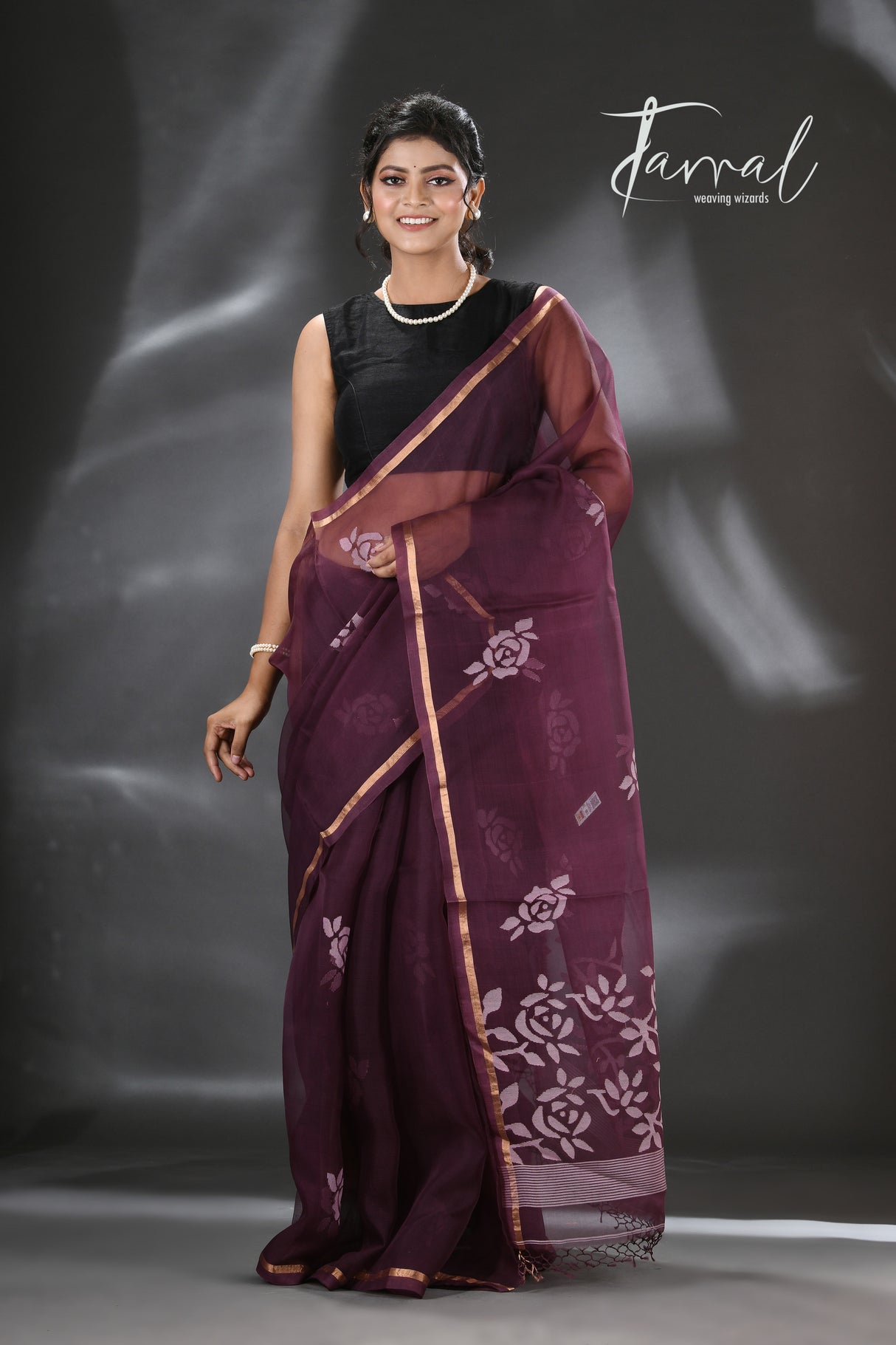 Chocolate brown rose motifs muslin silk handwoven jamdani saree