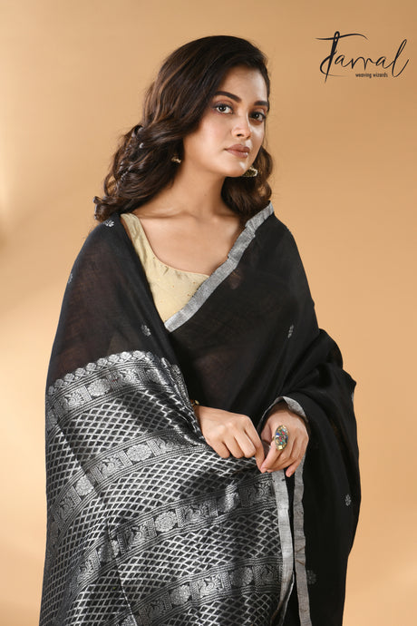 Black with silver pure linen handloom saree