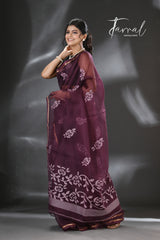 Chocolate brown rose motifs muslin silk handwoven jamdani saree