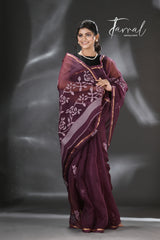 Chocolate brown rose motifs muslin silk handwoven jamdani saree