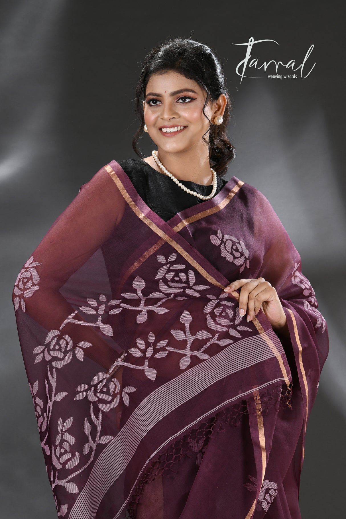 Chocolate brown rose motifs muslin silk handwoven jamdani saree