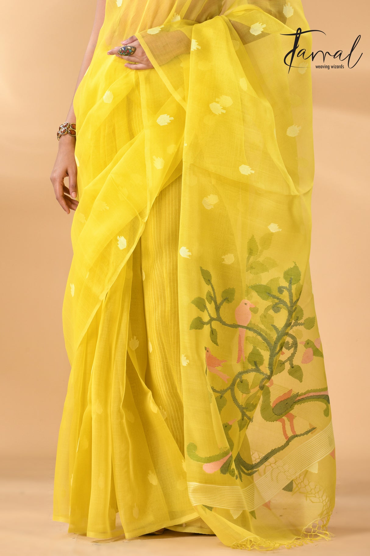 Bright yellow with peacock pallu muslin silk handwoven needle work jamdani saree