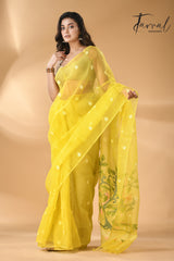 Bright yellow with peacock pallu muslin silk handwoven needle work jamdani saree